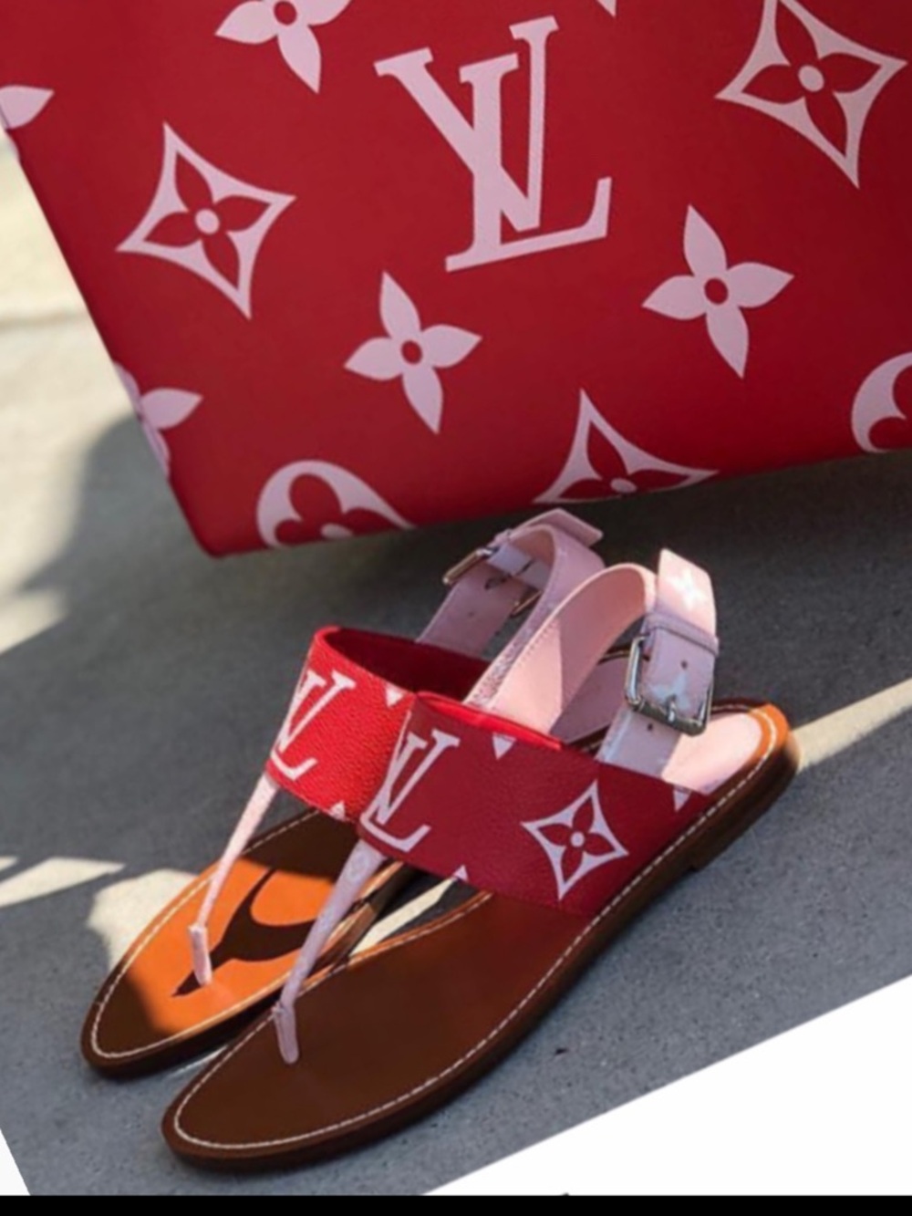 Louis Vuitton Red and Brown Women Leather Sandals 37